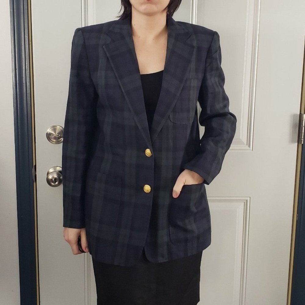 Ralph Lauren Green and Blue Plaid Linen Blazer.